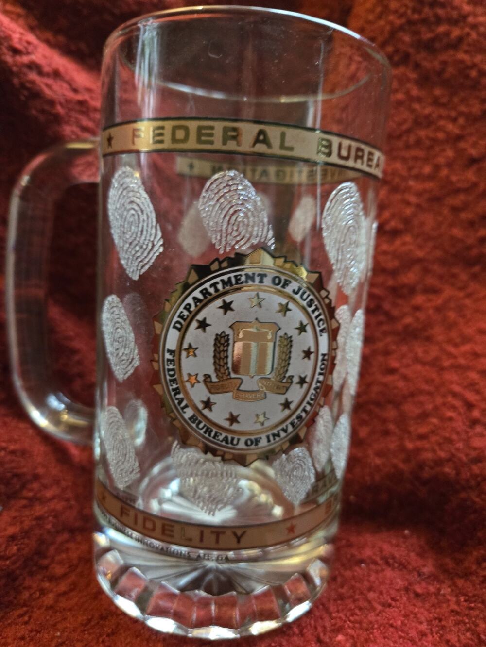 Vintage Federal Bureau of Investigation (FBI) Glass Beer Mug / Finger Print Logo